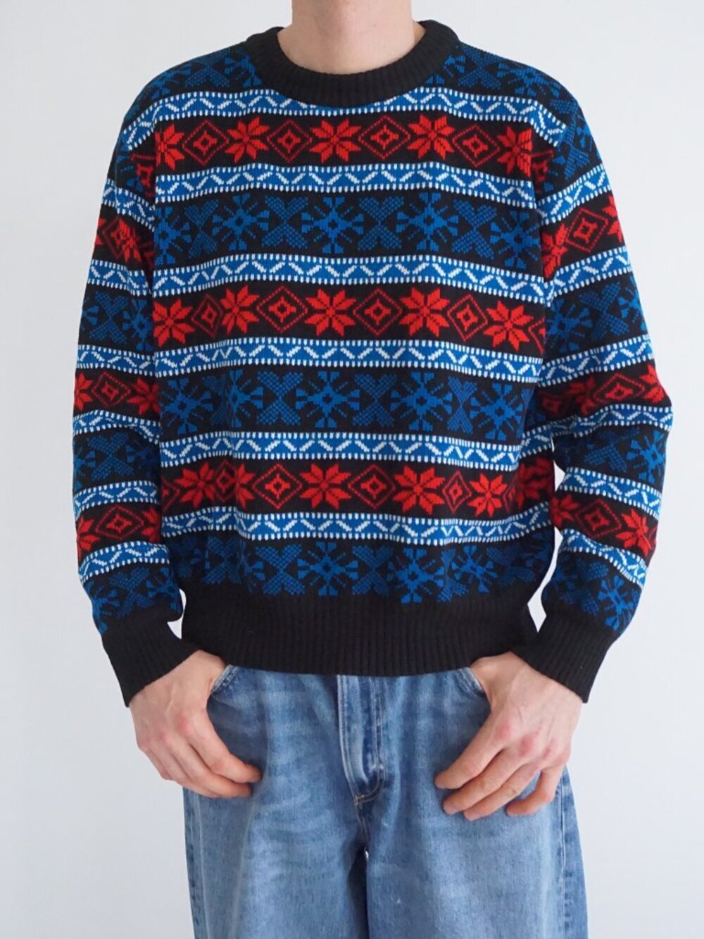 Vintage David Gregg Black Red Blue Snowflake Nordic Fair Isle Holiday Sweater M
